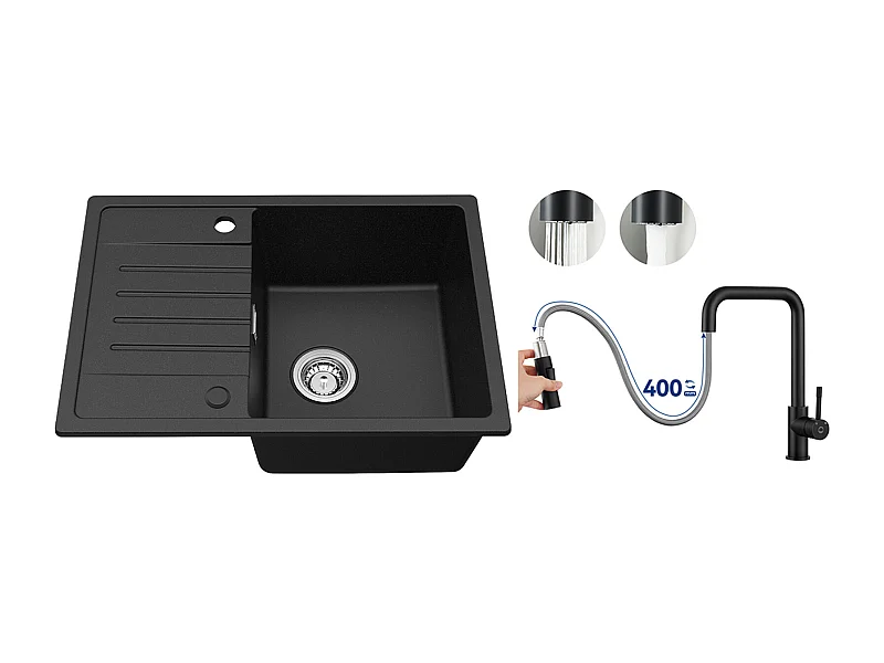 Schwarzes Unterbauspülbecken mit Einzelbecken und Abtropffläche, Quarz und Kunstharz, 65 x 45 cm + Mischbatterie mit ausziehbarer Brause, schwarz