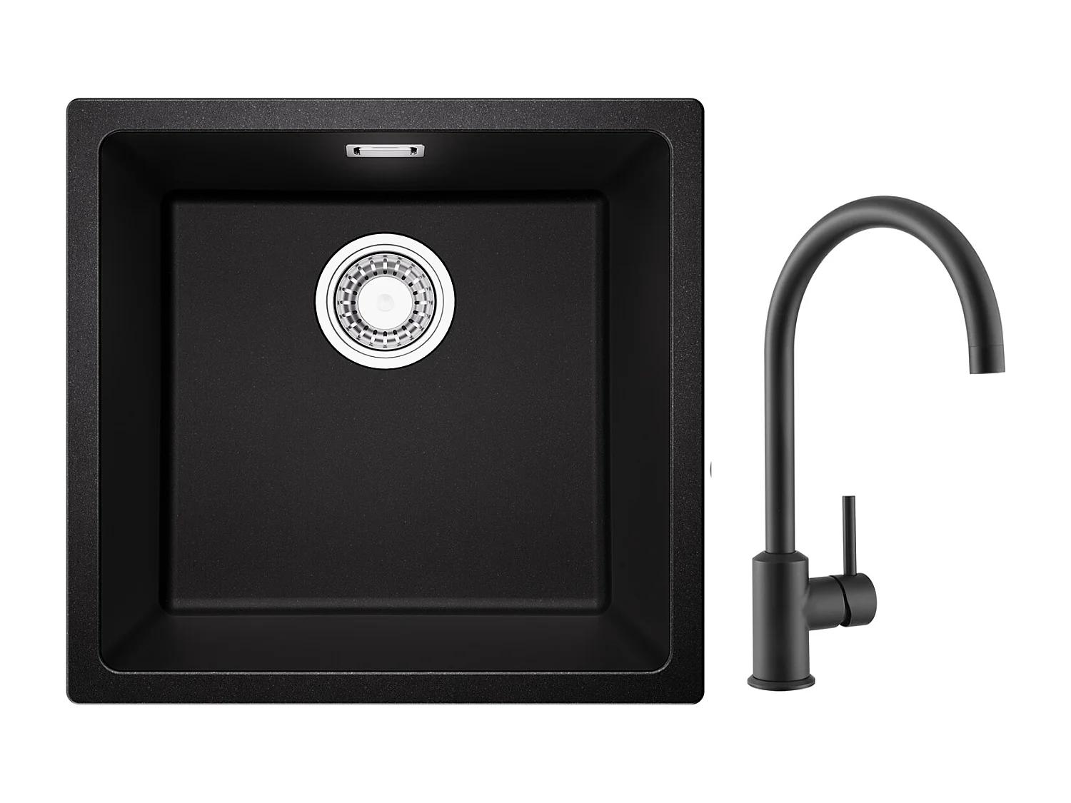 Evier 1 Bac en Quartz et Résine, 3 Options de Montage, 45*44*20cm + Mitigeur de Cuisine en Inox Noir