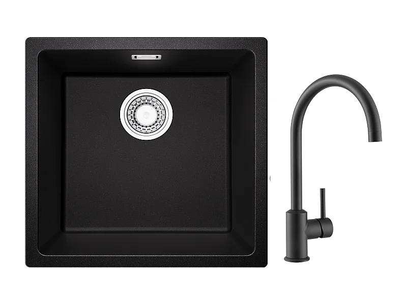 Evier 1 Bac en Quartz et Résine, 3 Options de Montage, 45*44*20cm + Mitigeur de Cuisine en Inox Noir