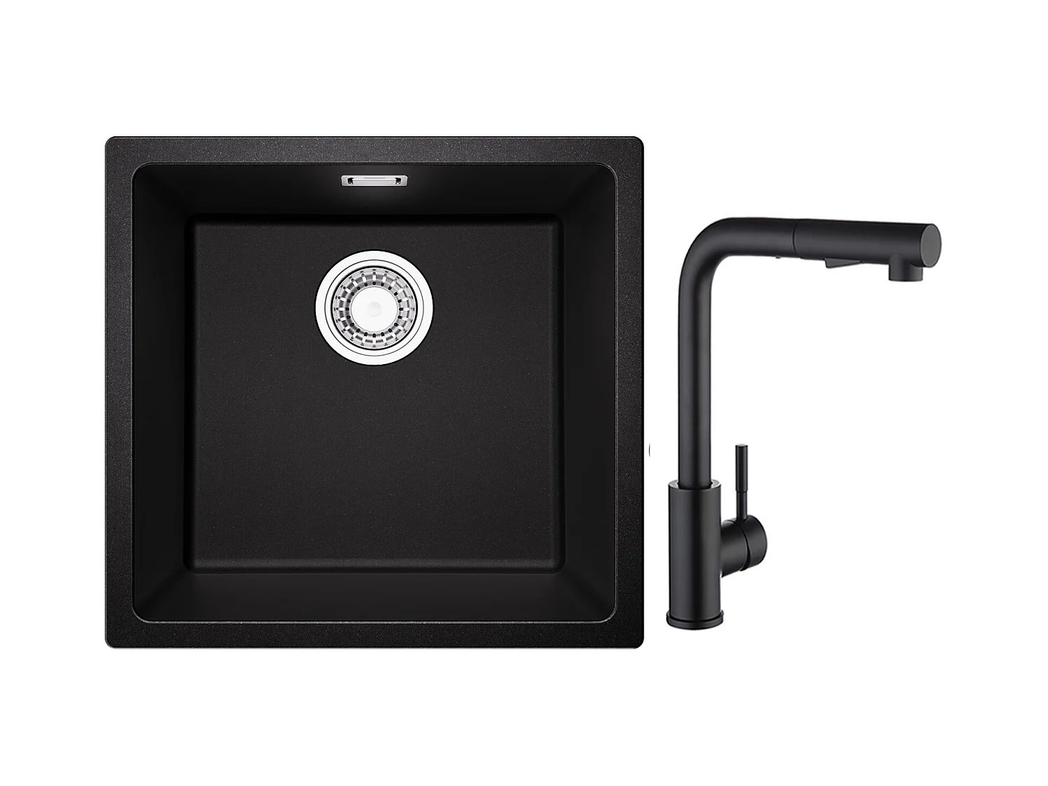 CECIPA MAX Evier 1 Bac en Quartz et Résine Noir Gris 45*44*20cm + Mitigeur de Cuisine avec Douchette Extractible Noir