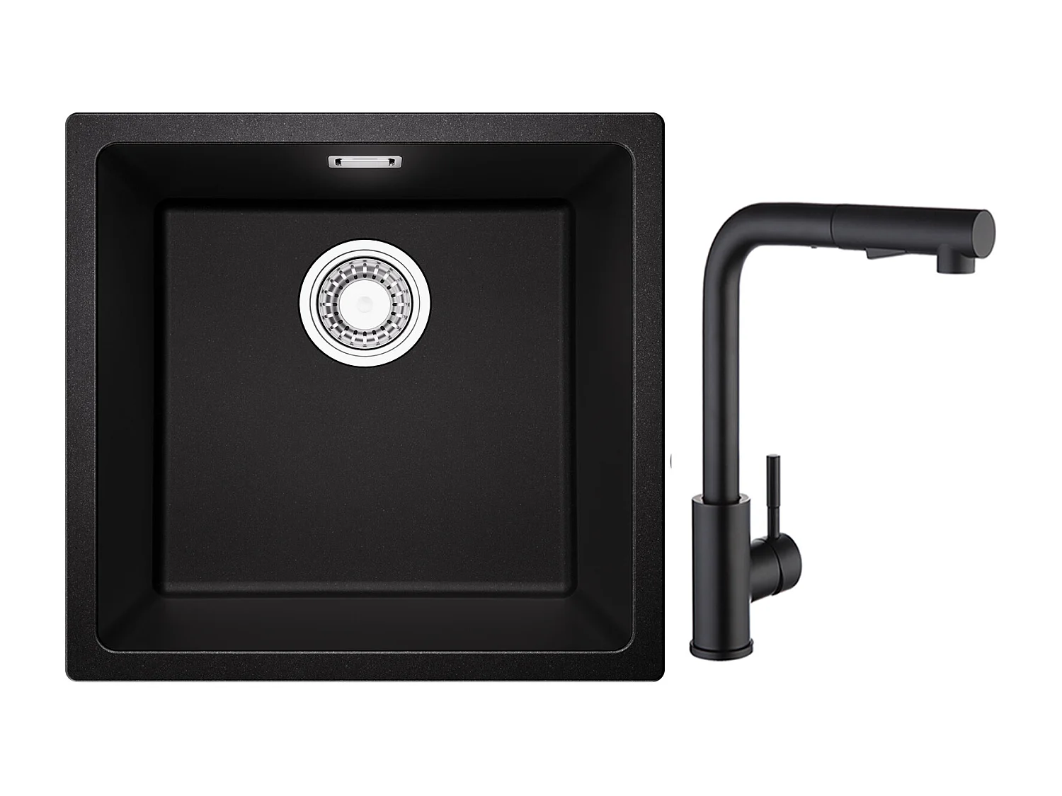 CECIPA MAX Lavello 1 Vasca in Quarzo e Resina Nero Grigio 45*44*20cm + Miscelatore Cucina con Doccia Estraibile Nera