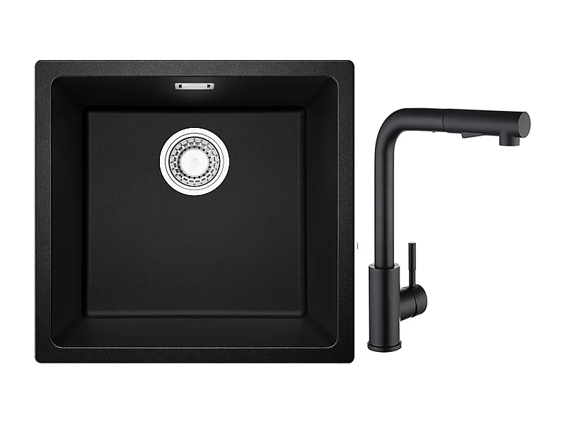 CECIPA MAX Evier 1 Bac en Quartz et Résine Noir Gris 45*44*20cm + Mitigeur de Cuisine avec Douchette Extractible Noir