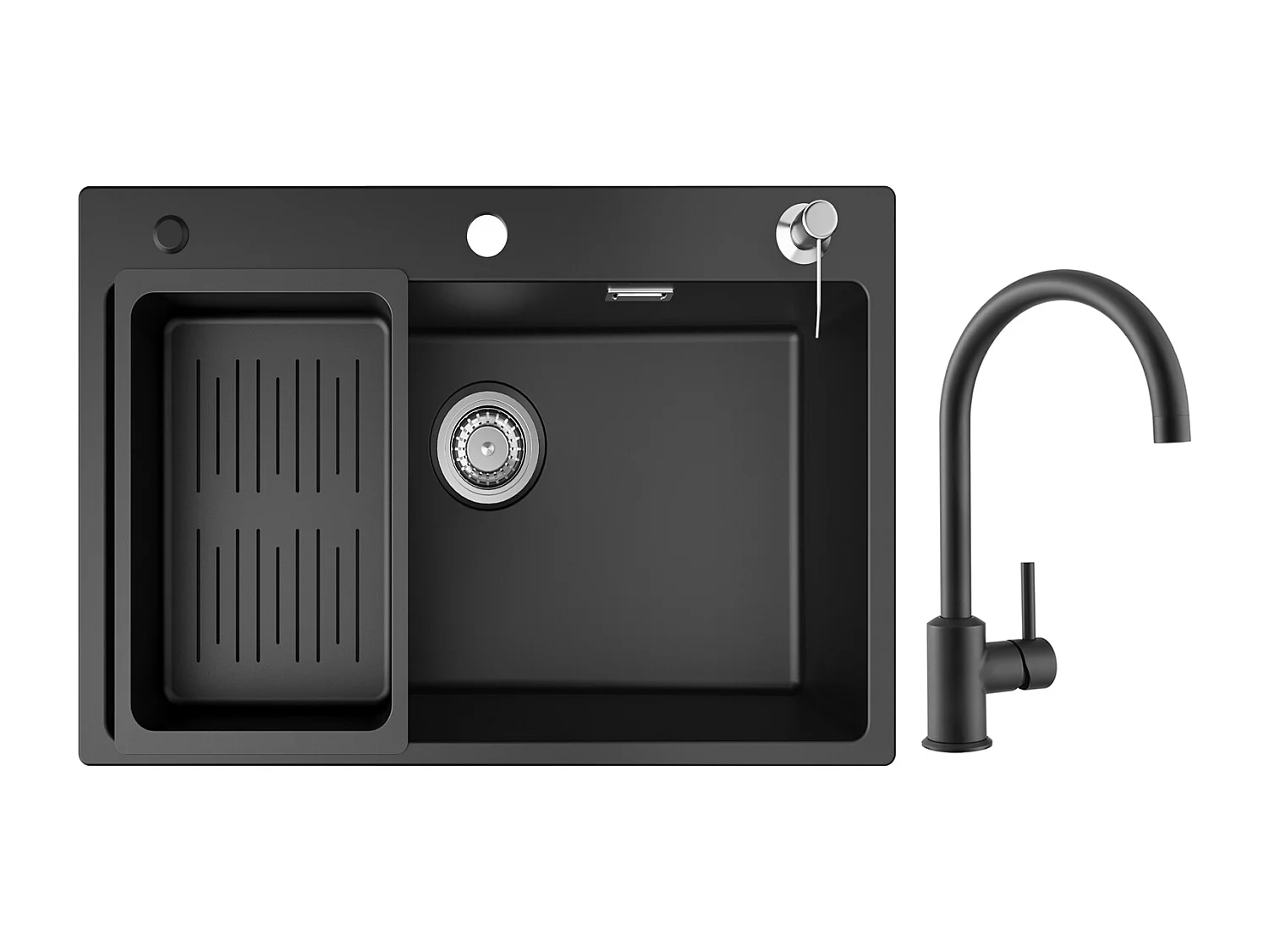 Evier 1 Bac 70x45cm Noir Evier en Quartz avec Panier de Vidange et Distributeur de Savon + Mitigeur de Cuisine en Inox Noir