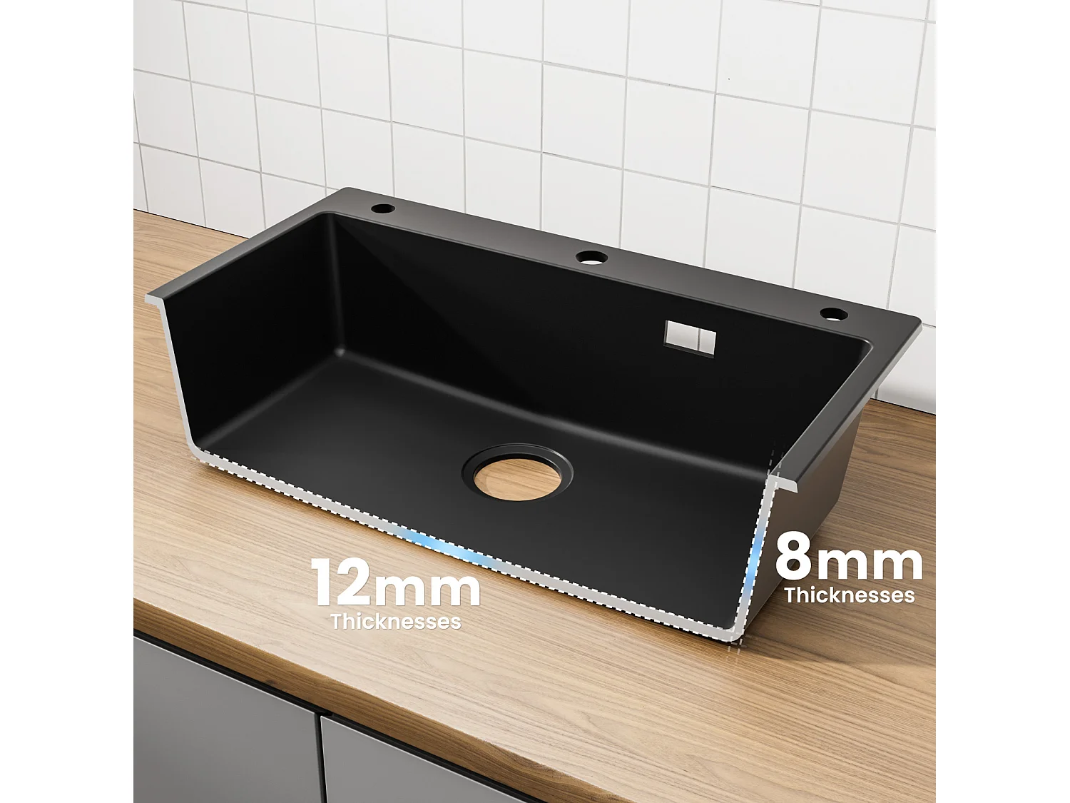 Evier 1 Bac 70x45cm Noir Evier en Quartz avec Panier de Vidange et Distributeur de Savon + Mitigeur de Cuisine en Inox Noir