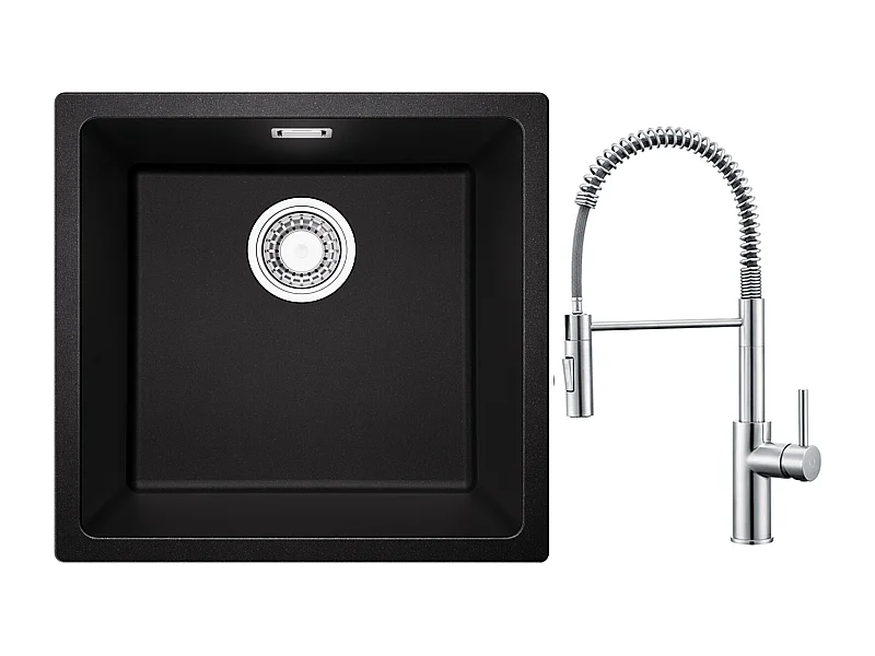 CECIPA MAX Fregadero 1 Seno de Cuarzo y Resina Negro Gris 45*44*20cm + Mezclador de Cocina de Muelle Cepillado con Ducha Extraíble