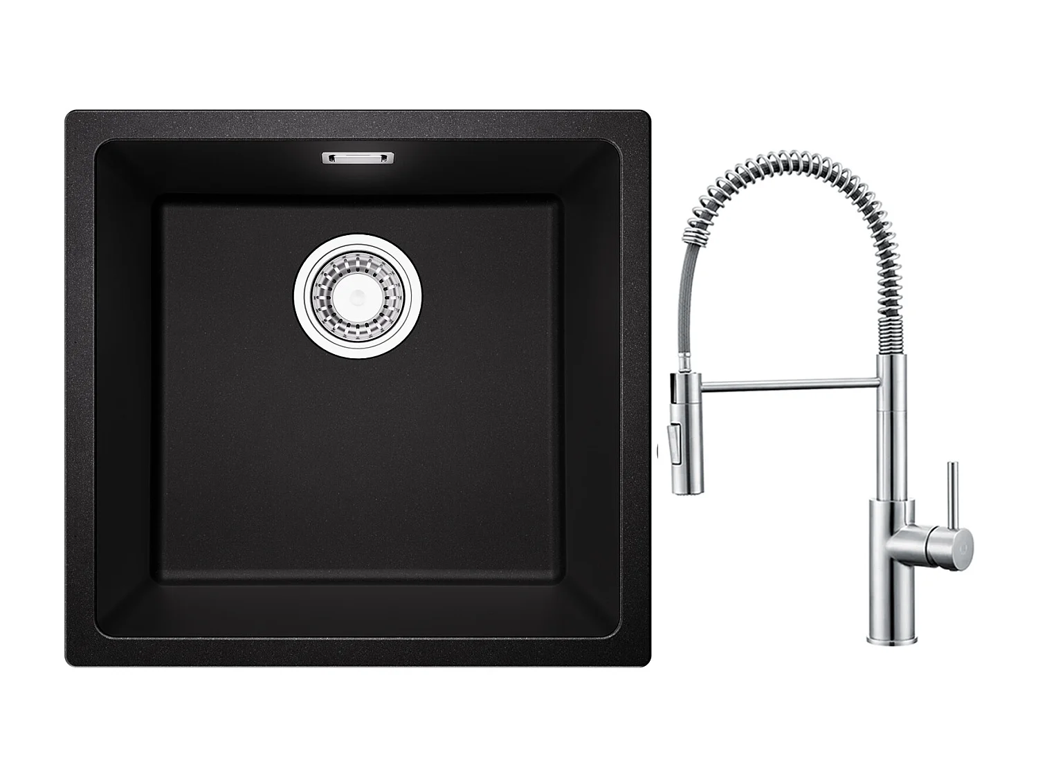 CECIPA MAX Evier 1 Bac en Quartz et Résine Noir Gris 45*44*20cm + Mitigeur de Cuisine à Ressort Brossé avec Douchette Extractible