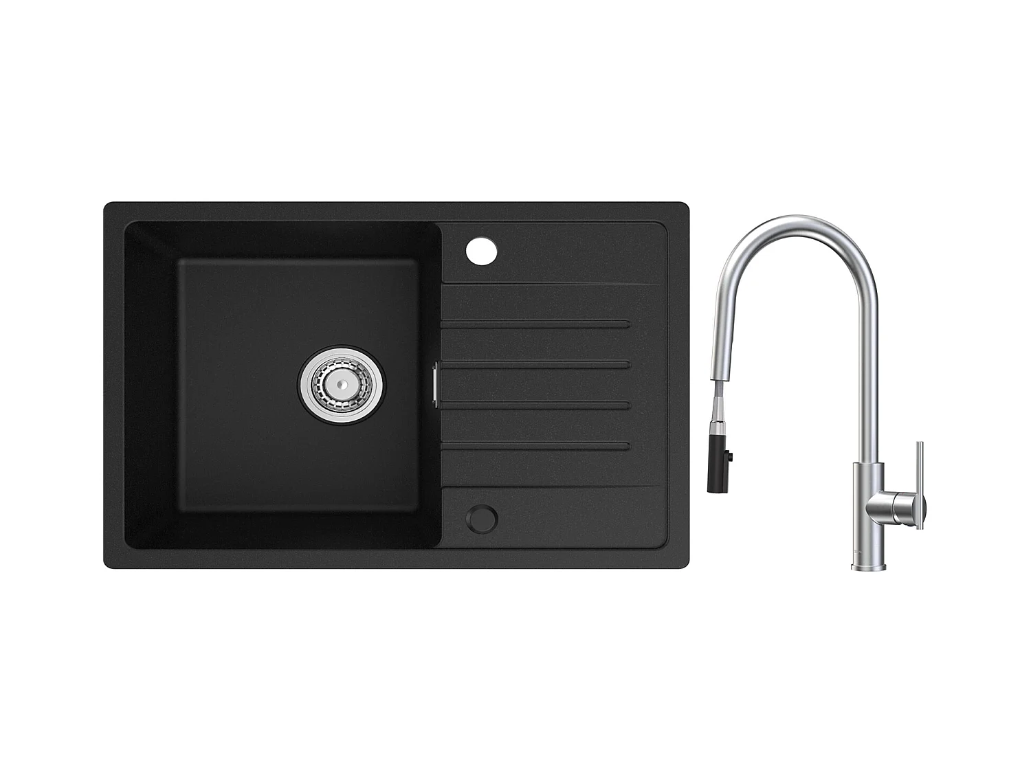 Evier 1 Bac avec Egouttoir, 78x45cm Evier en Quartz et résine Noir + Mitigeur de Cuisine Avec Douchette Extractible, 2 Modes de Sortie D'eau, Brossé