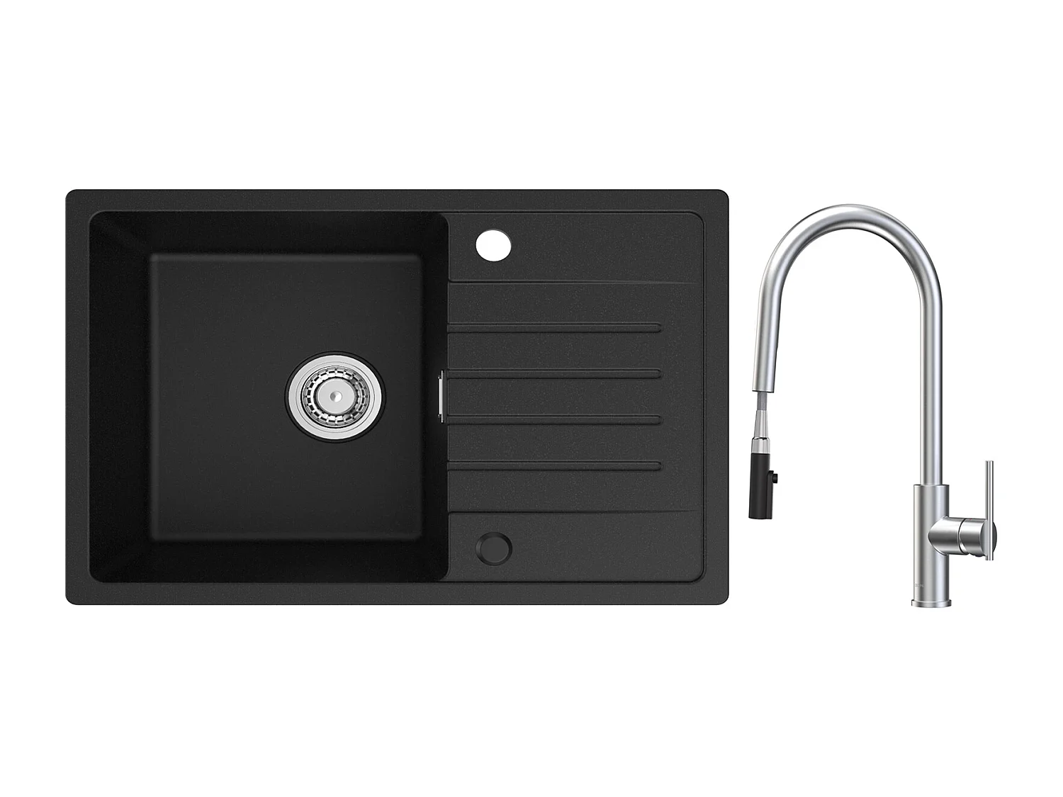 Evier 1 Bac avec Egouttoir, 78x45cm Evier en Quartz et résine Noir + Mitigeur de Cuisine Avec Douchette Extractible, 2 Modes de Sortie D'eau, Brossé