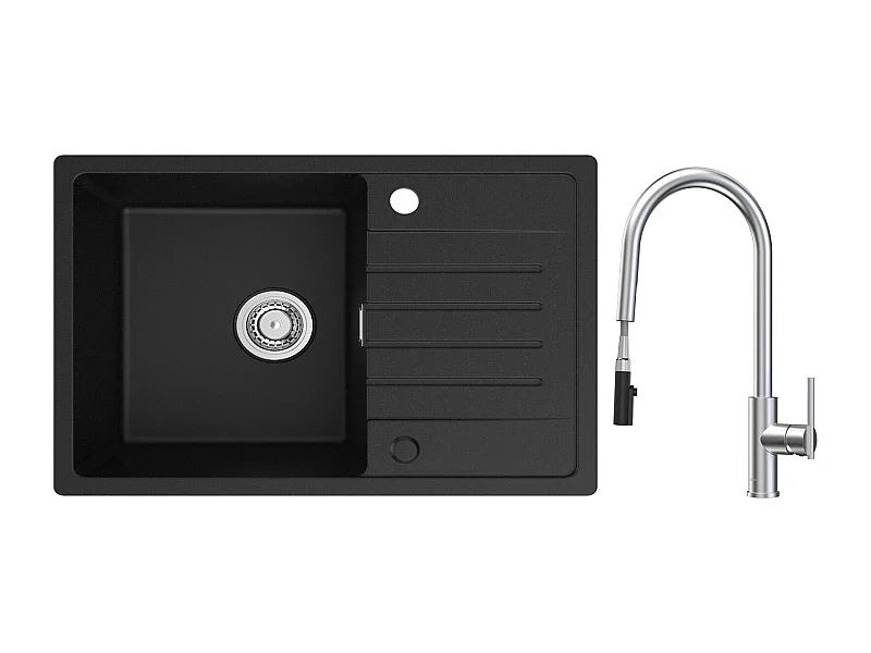 Evier 1 Bac avec Egouttoir, 78x45cm Evier en Quartz et résine Noir + Mitigeur de Cuisine Avec Douchette Extractible, 2 Modes de Sortie D'eau, Brossé
