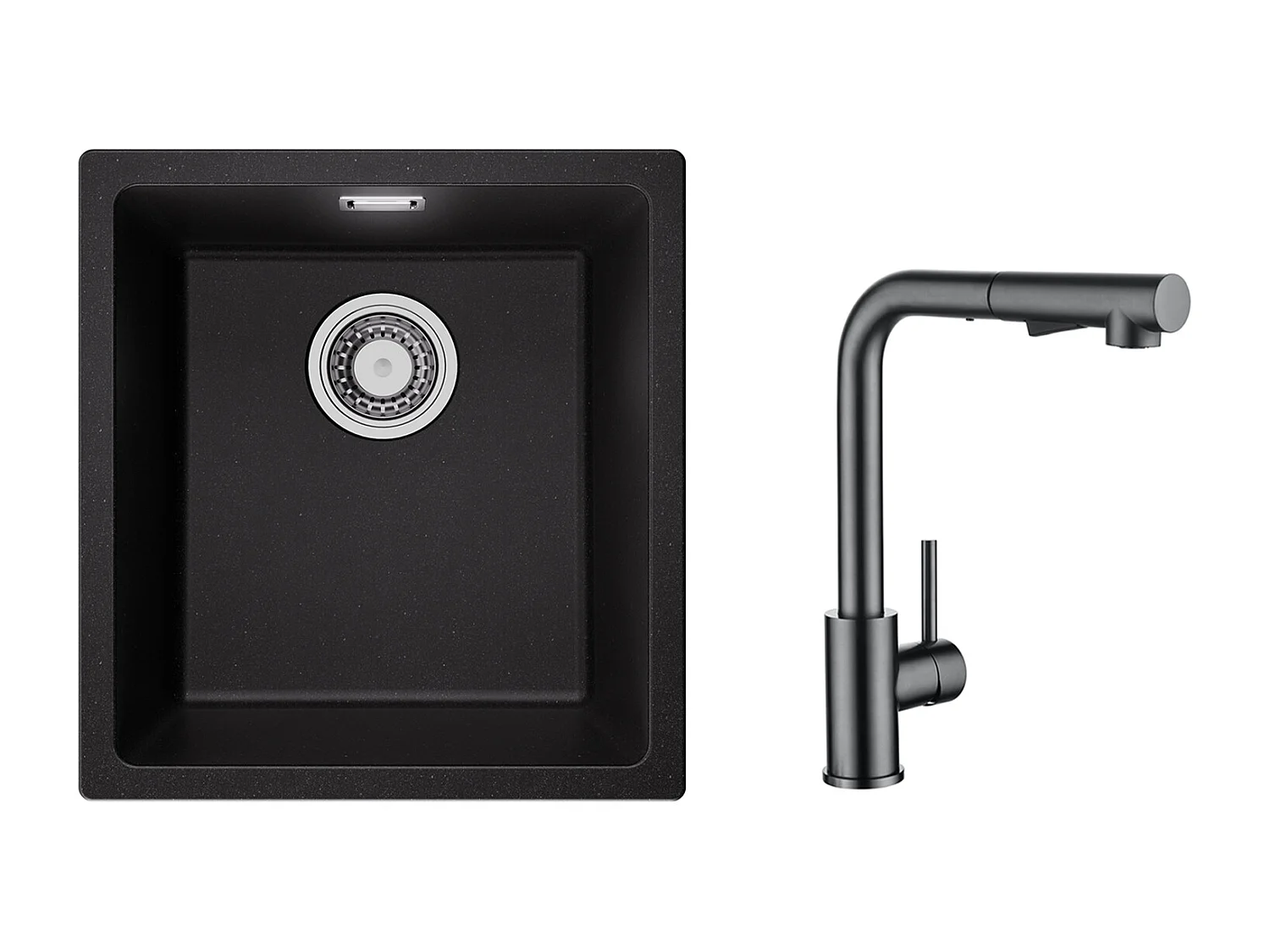 Evier 1 Bac en Quartz et Résine, 3 Options de Montage, 40*44*20cm + Mitigeur Cuisine Avec Douchette Extractible