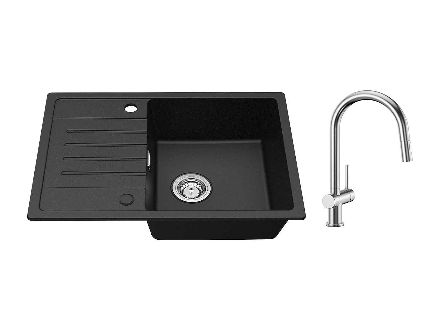 Cecipa max 1 spoelbak met afdruiprek Inbouwspoelbak van kwarts en hars Zwart 65x45cm + Keukenmengkraan met Brushed uittrekbare straal