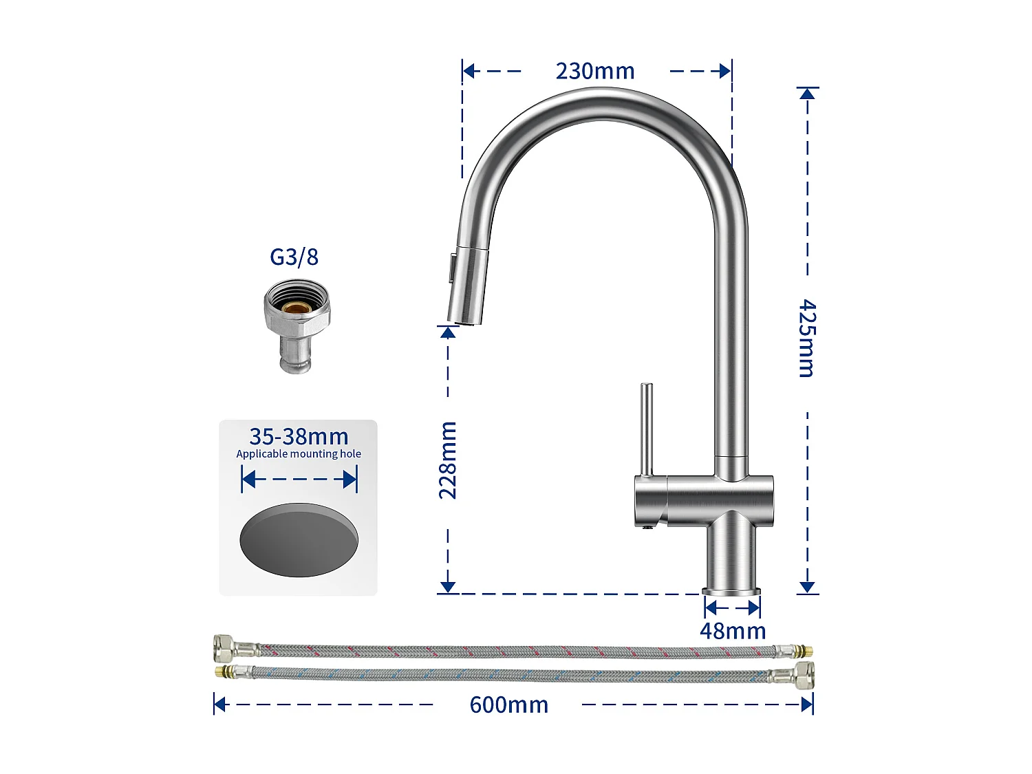 Cecipa max Evier 1 Bac avec Egouttoir Evier à encastrer Quartz et résine Noir 65x45cm + Mitigeur de Cuisine avec Douchette Extractible Brossé