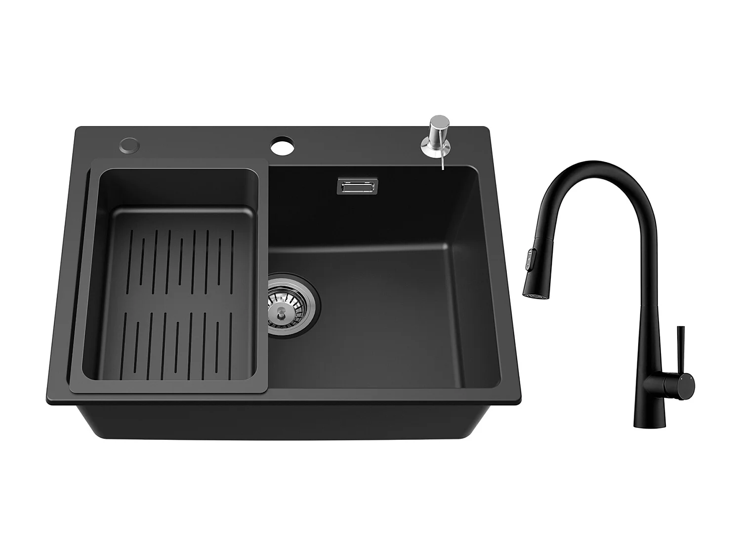 Cecipa max Evier en Quartz 60*45cm, avec Panier de Vidange et Distributeur de Savon + Mitigeur avec Douchette Extractible, 3 Modes de Sortie D'eau