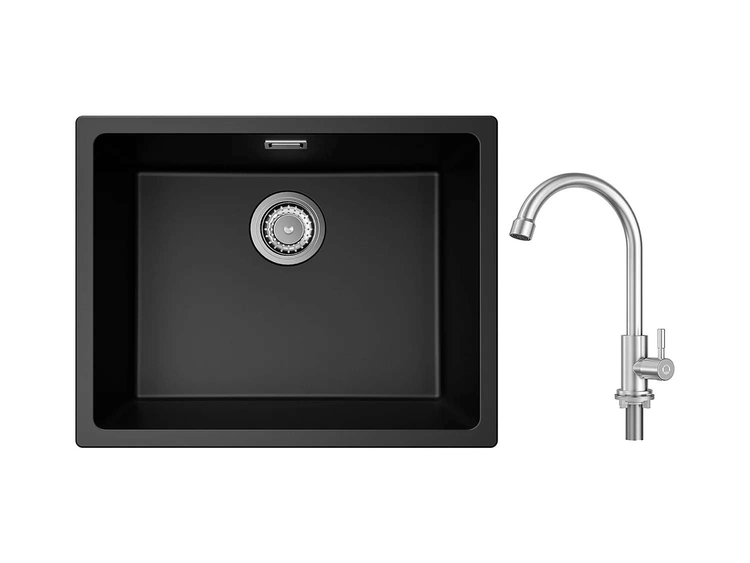 Evier 1 Bac en Quartz et Résine, 3 Options de Montage, 55*44*20cm + Robinet de Cuisine à eau Froide,Brossé