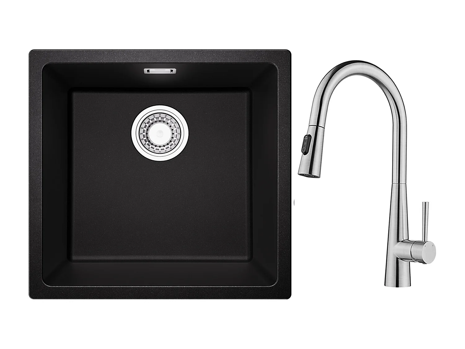 CECIPA MAX Evier 1 Bac en Quartz et Résine Noir Gris 45*44*20cm + Mitigeur de Cuisine avec Douchette Extractible Avec 3 Modes de Sortie D'eau Brossé