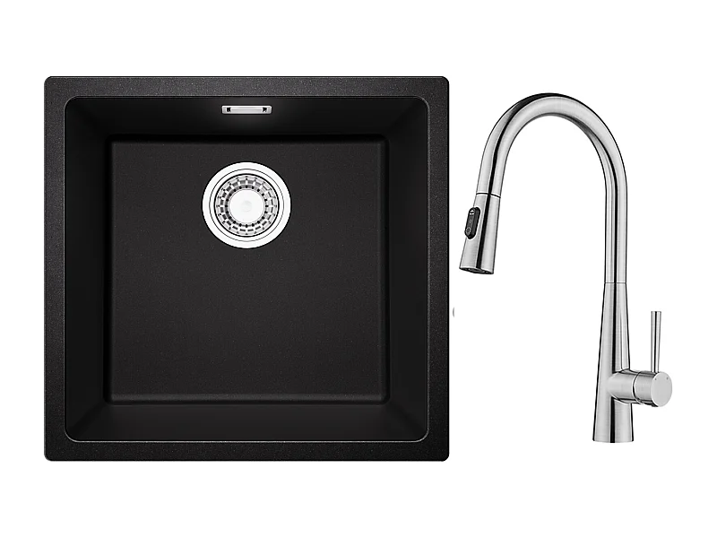 CECIPA MAX Evier 1 Bac en Quartz et Résine Noir Gris 45*44*20cm + Mitigeur de Cuisine avec Douchette Extractible Avec 3 Modes de Sortie D'eau Brossé