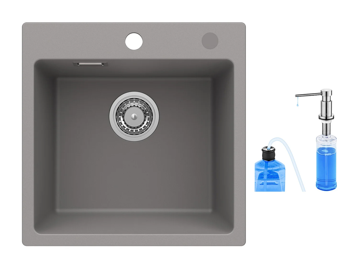 Cecipa max 45x45cm Evier Quartz Gris + 300ML Distributeur de Savon Brossé - Evier 1 Bac en Quartz et Résine Evier à Encastrer 1 Vasque