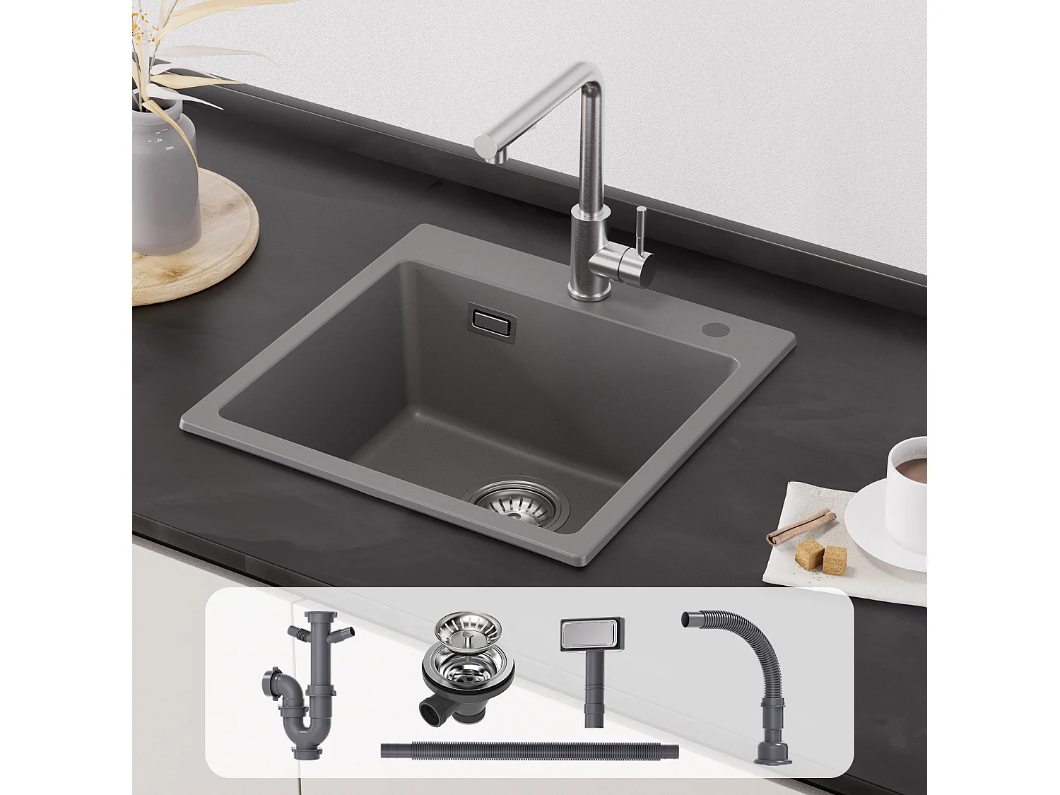 Cecipa max 45x45cm Evier Quartz Gris + 300ML Distributeur de Savon Brossé - Evier 1 Bac en Quartz et Résine Evier à Encastrer 1 Vasque