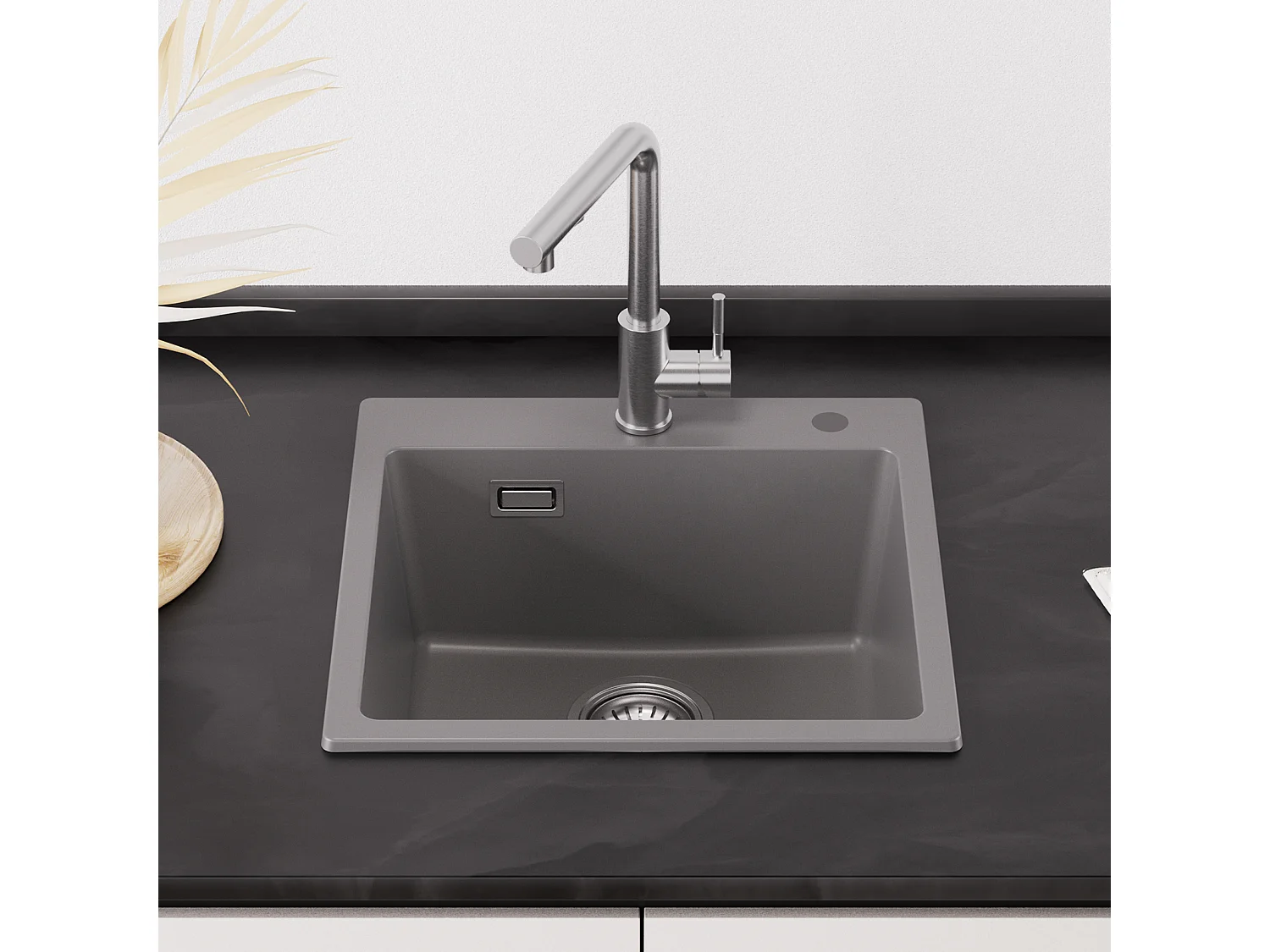 Cecipa max 45x45cm Evier Quartz Gris + 300ML Distributeur de Savon Brossé - Evier 1 Bac en Quartz et Résine Evier à Encastrer 1 Vasque