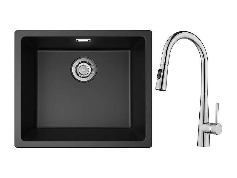 CECIPA MAX Evier 1 Bac en Quartz et Résine Noir Gris 50*44*20cm + Mitigeur de Cuisine avec Douchette Extractible Avec 3 Modes de Sortie D'eau Brossé