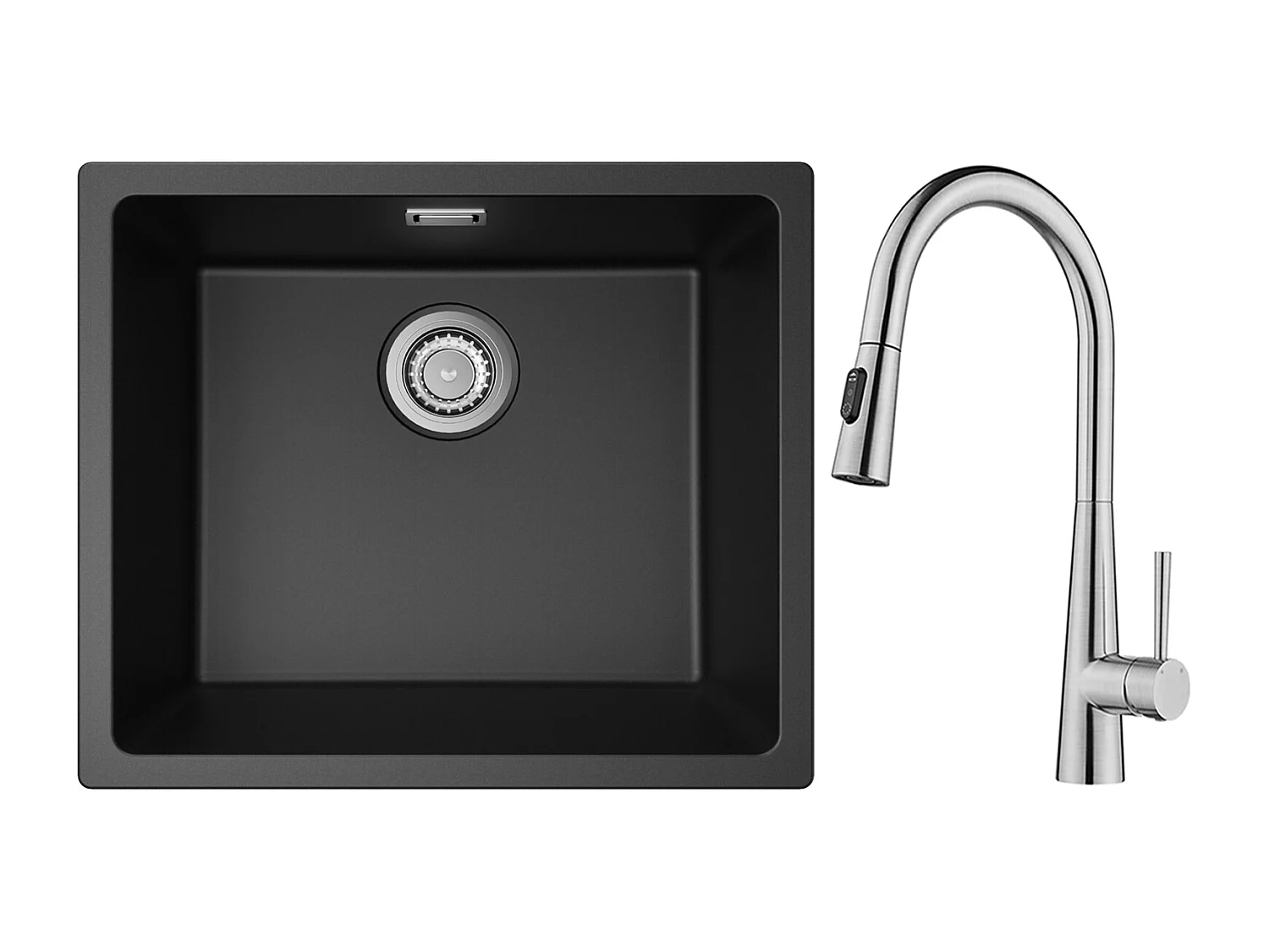 CECIPA MAX Fregadero 1 Seno de Cuarzo y Resina Negro Gris 50*44*20cm + Mezclador de Cocina con Ducha Extraíble Con 3 Modos de Salida de Agua Cepillada