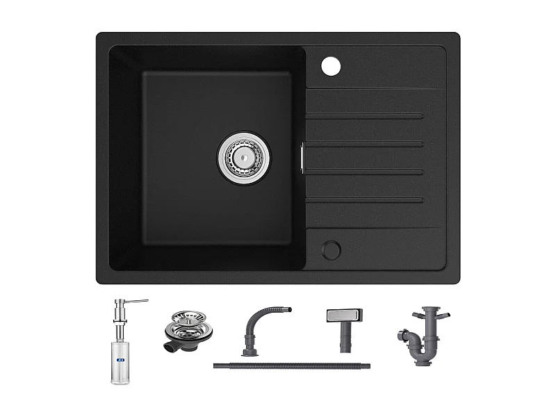 Cecipa max Evier de Cuisine avec égouttoir Noir 65 x 45 cm Evier à encastrer Evier 1 Bac Quartz et résine + 300ML Distributeur de Savon Brossé