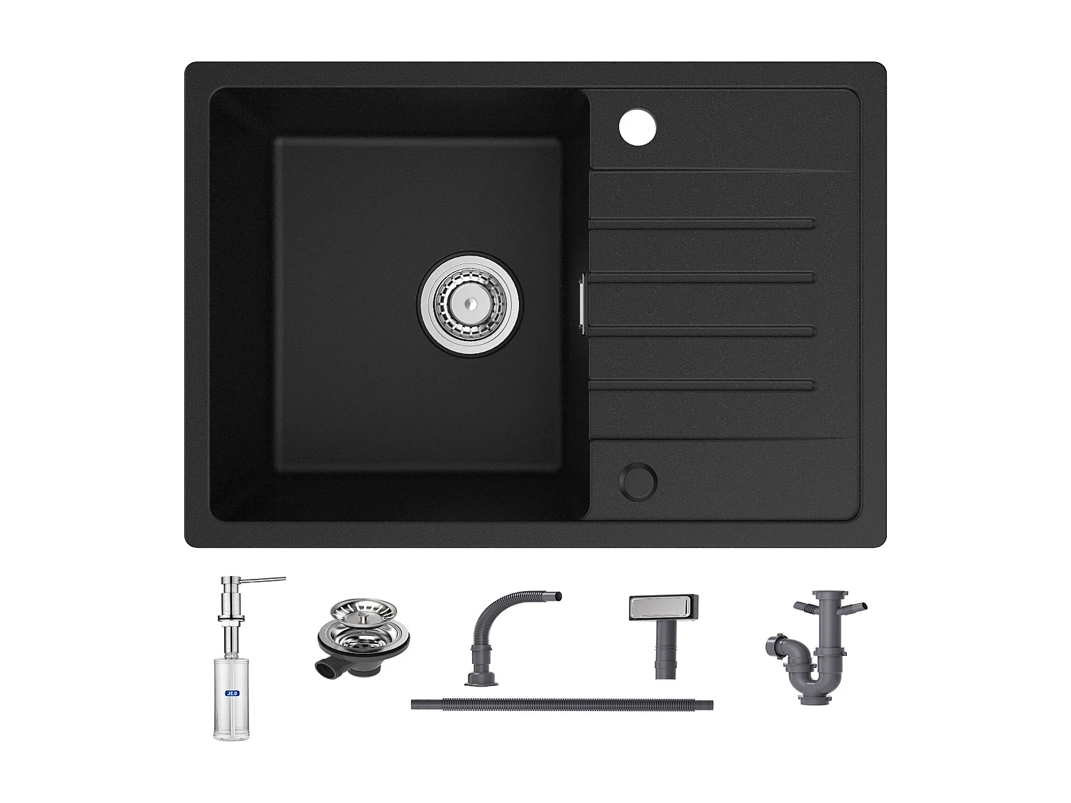 Cecipa max Evier de Cuisine avec égouttoir Noir 65 x 45 cm Evier à encastrer Evier 1 Bac Quartz et résine + 300ML Distributeur de Savon Brossé