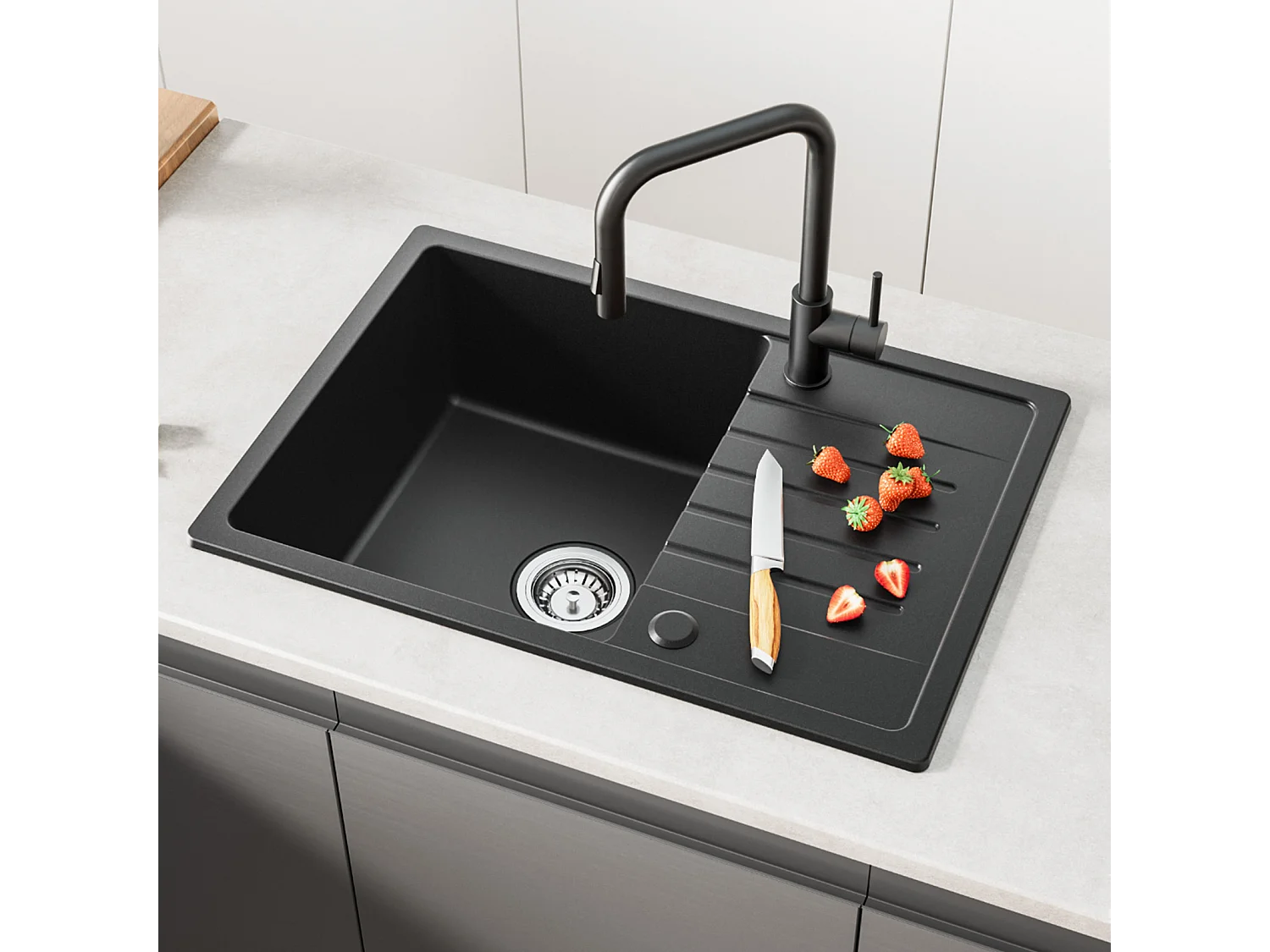 Cecipa max Evier de Cuisine avec égouttoir Noir 65 x 45 cm Evier à encastrer Evier 1 Bac Quartz et résine + 300ML Distributeur de Savon Brossé