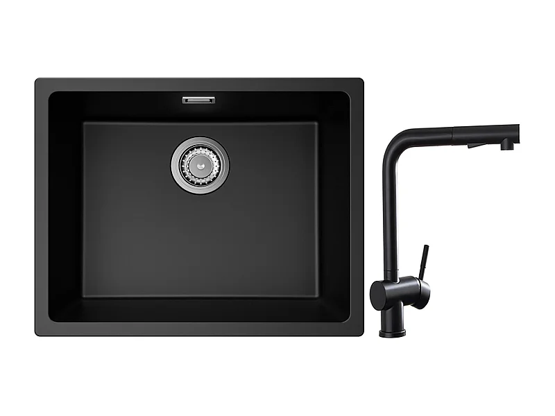 CECIPA MAX Evier 1 Bac en Quartz et Résine Noir Gris 55*44*20cm + Robinet Cuisine avec Douchette Extractible, Mitigeur d'évier Noir