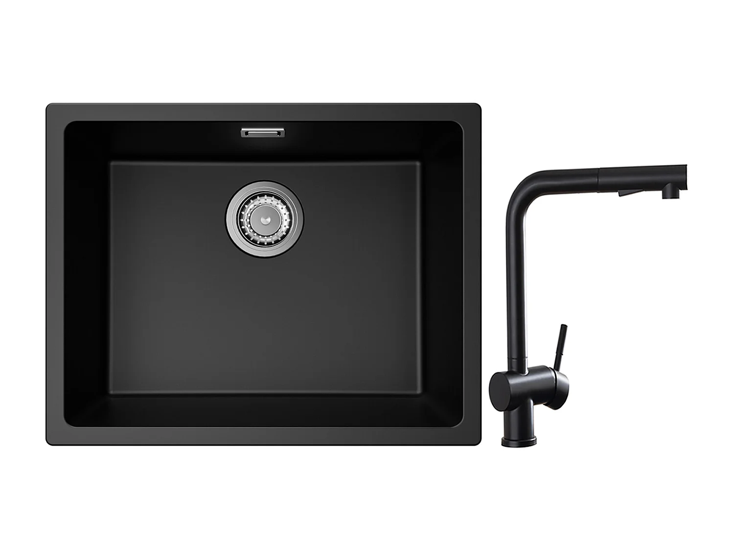 CECIPA MAX Evier 1 Bac en Quartz et Résine Noir Gris 55*44*20cm + Robinet Cuisine avec Douchette Extractible, Mitigeur d'évier Noir