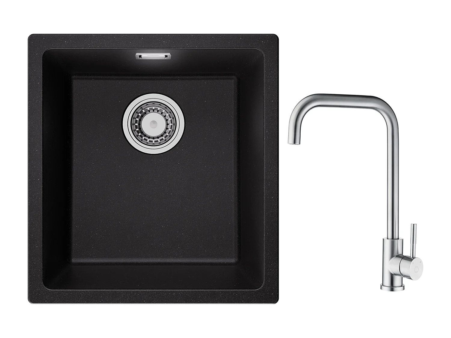 Evier 1 Bac en Quartz et Résine, 3 Options de Montage, 40*44*20cm + Mitigeur de Cuisine en Inox Brossé avec Bec Haut et Incurvé