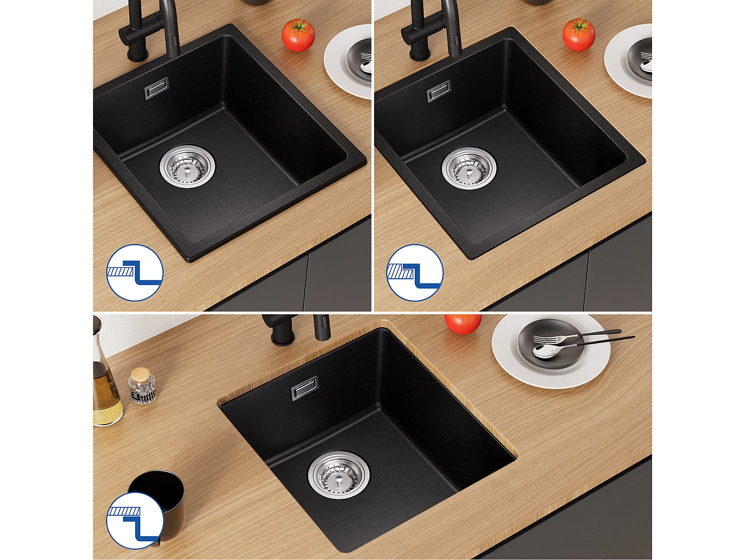 Evier 1 Bac en Quartz et Résine, 3 Options de Montage, 40*44*20cm + Mitigeur de Cuisine en Inox Brossé avec Bec Haut et Incurvé