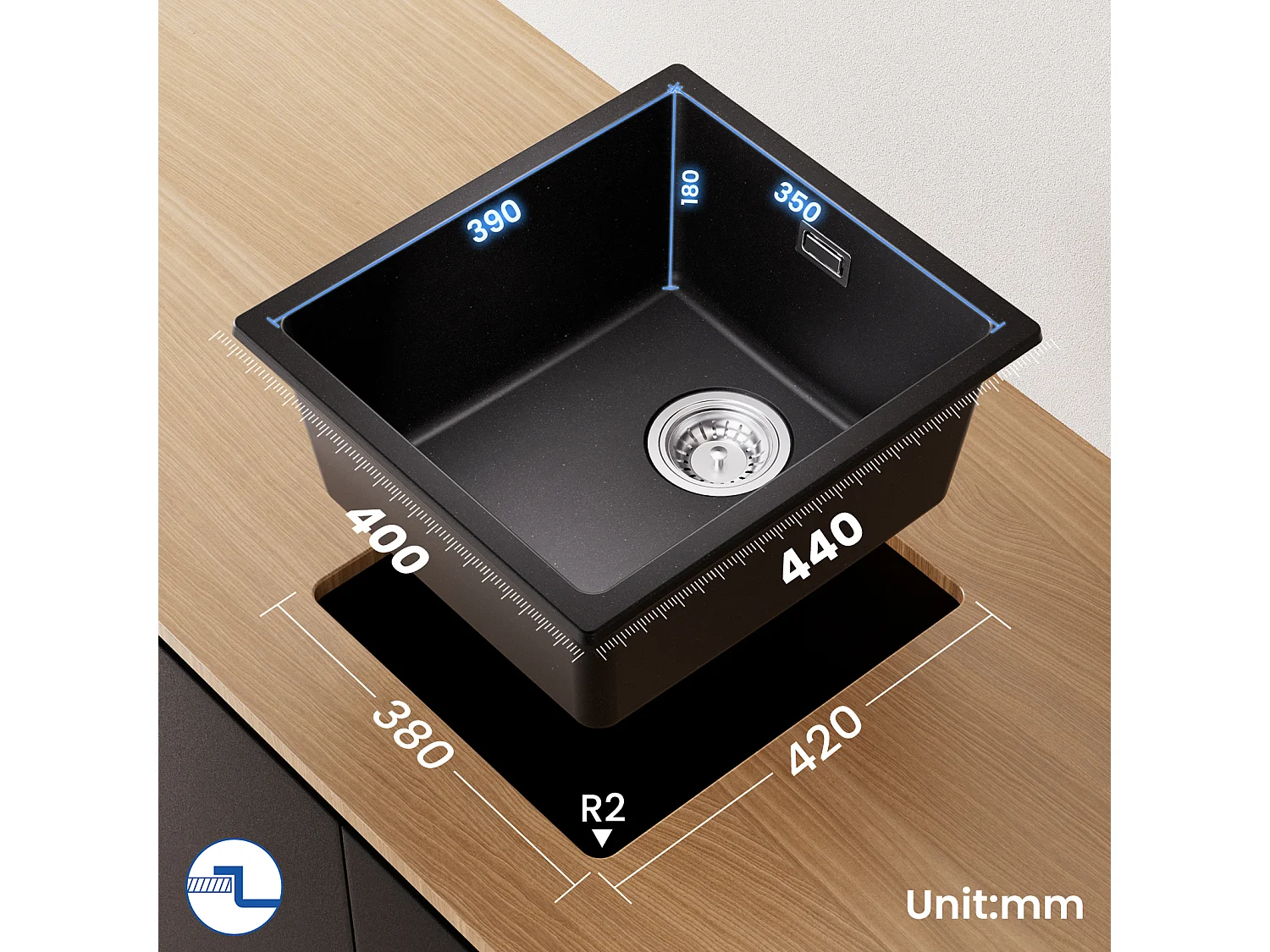 Evier 1 Bac en Quartz et Résine, 3 Options de Montage, 40*44*20cm + Mitigeur de Cuisine en Inox Brossé avec Bec Haut et Incurvé