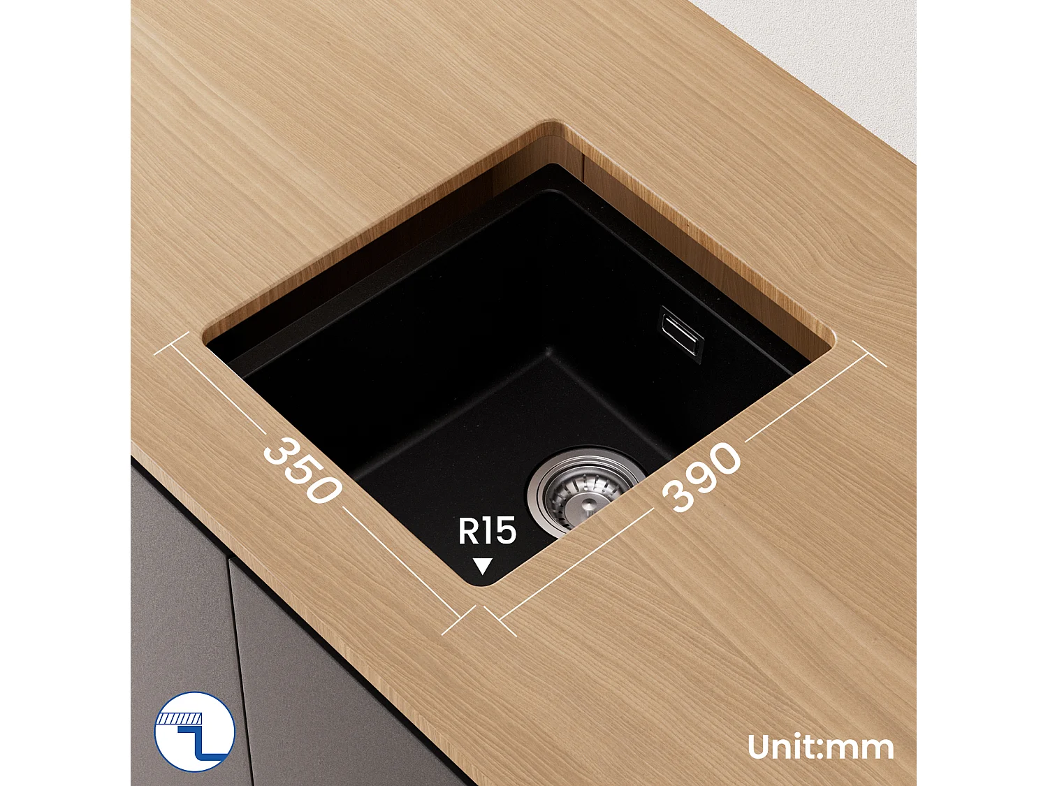 Evier 1 Bac en Quartz et Résine, 3 Options de Montage, 40*44*20cm + Mitigeur de Cuisine en Inox Brossé avec Bec Haut et Incurvé
