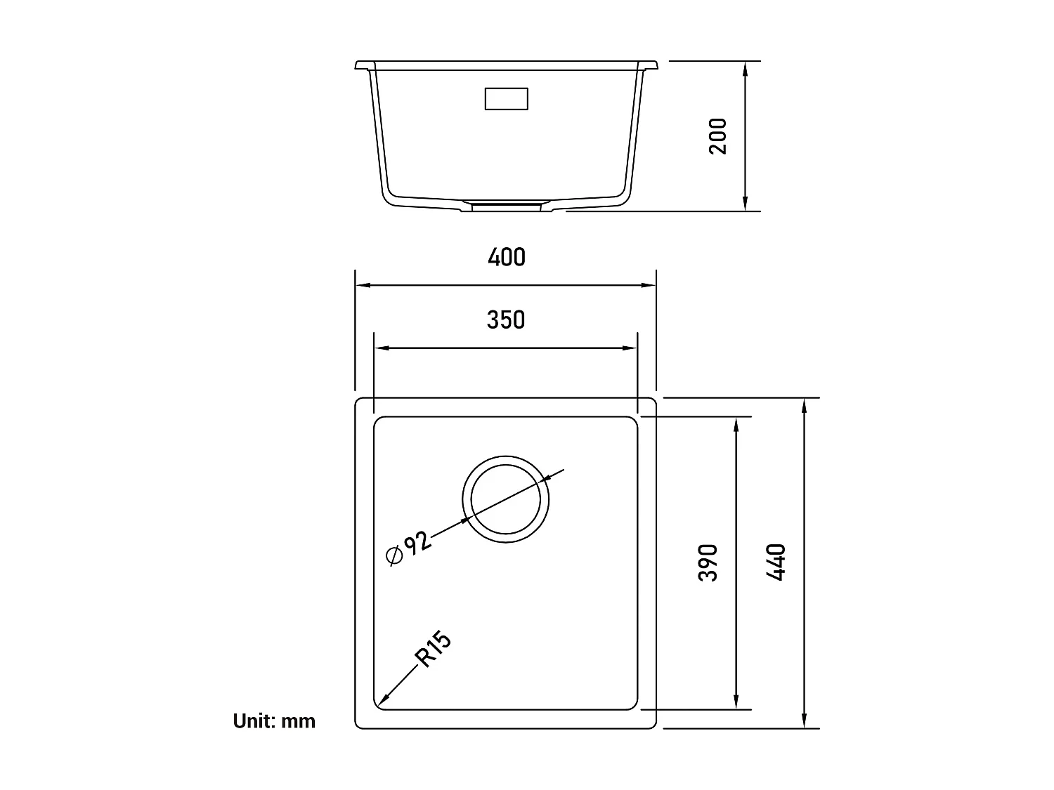 Evier 1 Bac en Quartz et Résine, 3 Options de Montage, 40*44*20cm + Mitigeur de Cuisine en Inox Brossé avec Bec Haut et Incurvé
