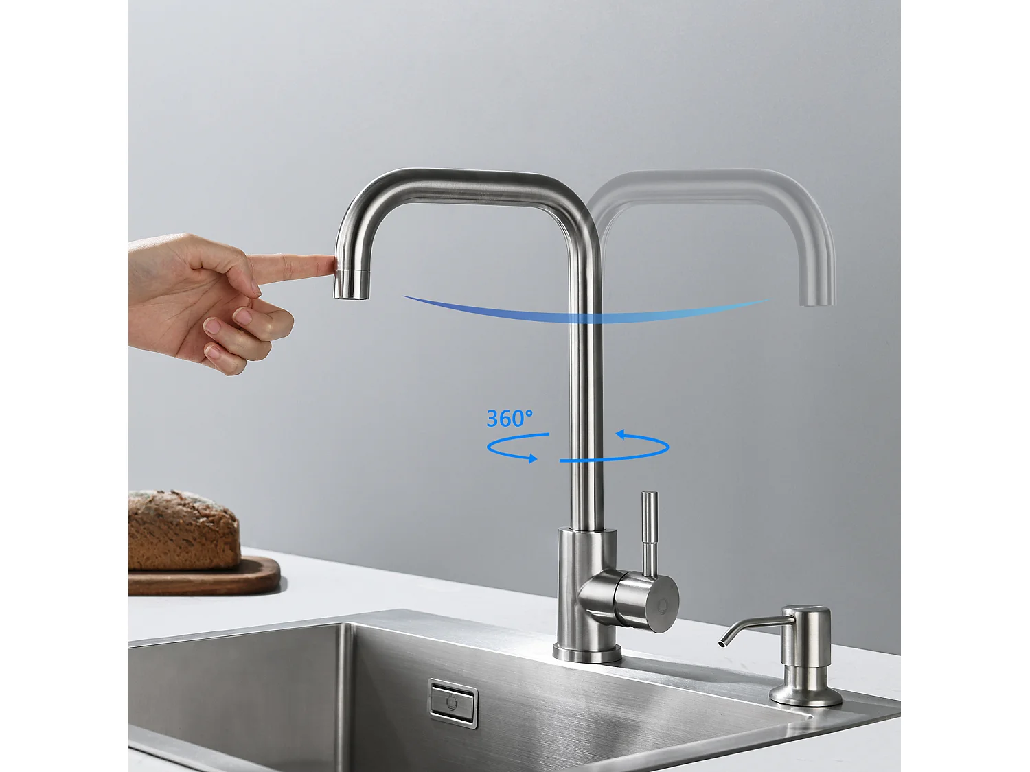 Evier 1 Bac en Quartz et Résine, 3 Options de Montage, 40*44*20cm + Mitigeur de Cuisine en Inox Brossé avec Bec Haut et Incurvé