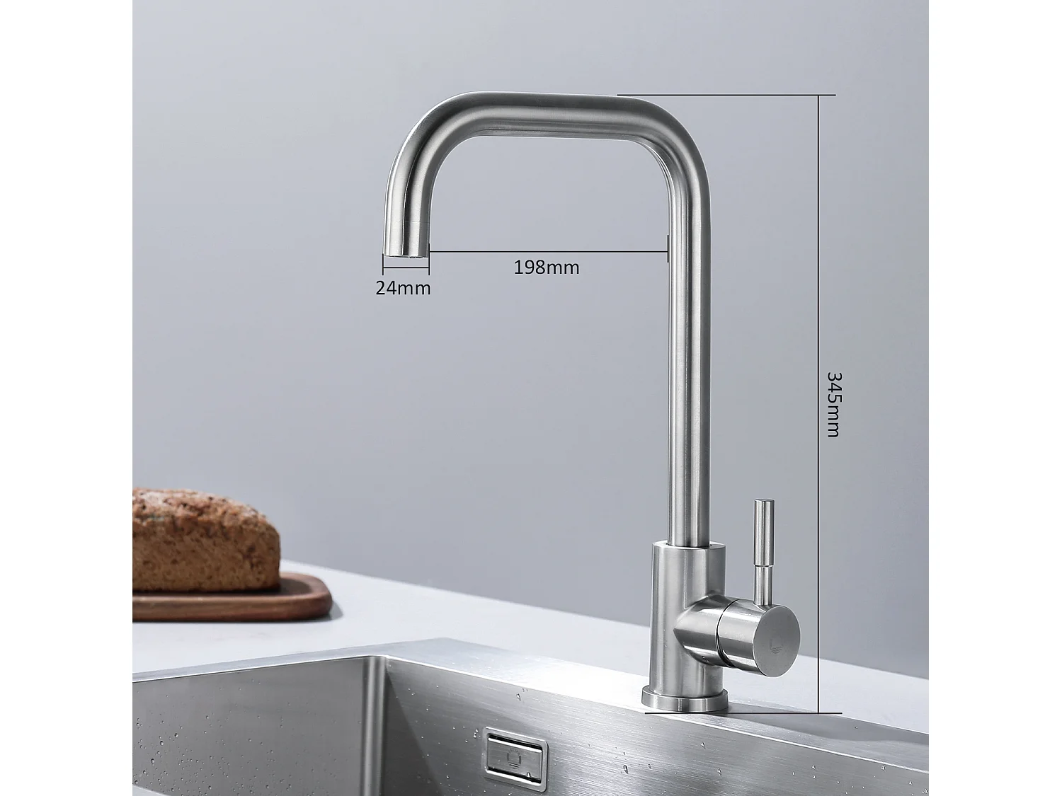 Evier 1 Bac en Quartz et Résine, 3 Options de Montage, 40*44*20cm + Mitigeur de Cuisine en Inox Brossé avec Bec Haut et Incurvé