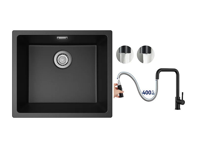 Evier 1 Bac en Quartz et Résine, 3 Options de Montage, 50*44*20cm + Mitigeur avec Douchette Extractible, Noir