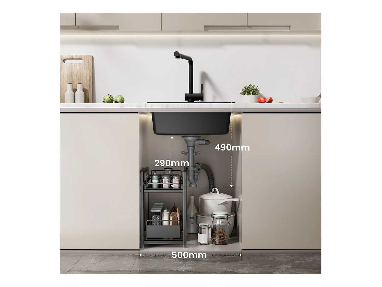 Evier 1 Bac en Quartz et Résine, 3 Options de Montage, 50*44*20cm + Mitigeur avec Douchette Extractible, Noir