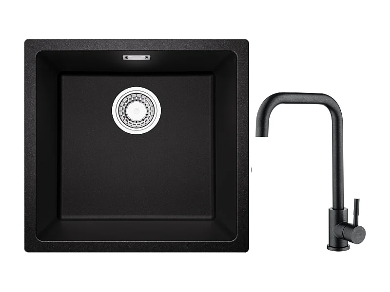 Evier 1 Bac en Quartz et Résine, 3 Options de Montage, 45*44*20cm + Mitigeur de Cuisine en Inox Noir étoilé avec Bec Haut et Incurvé