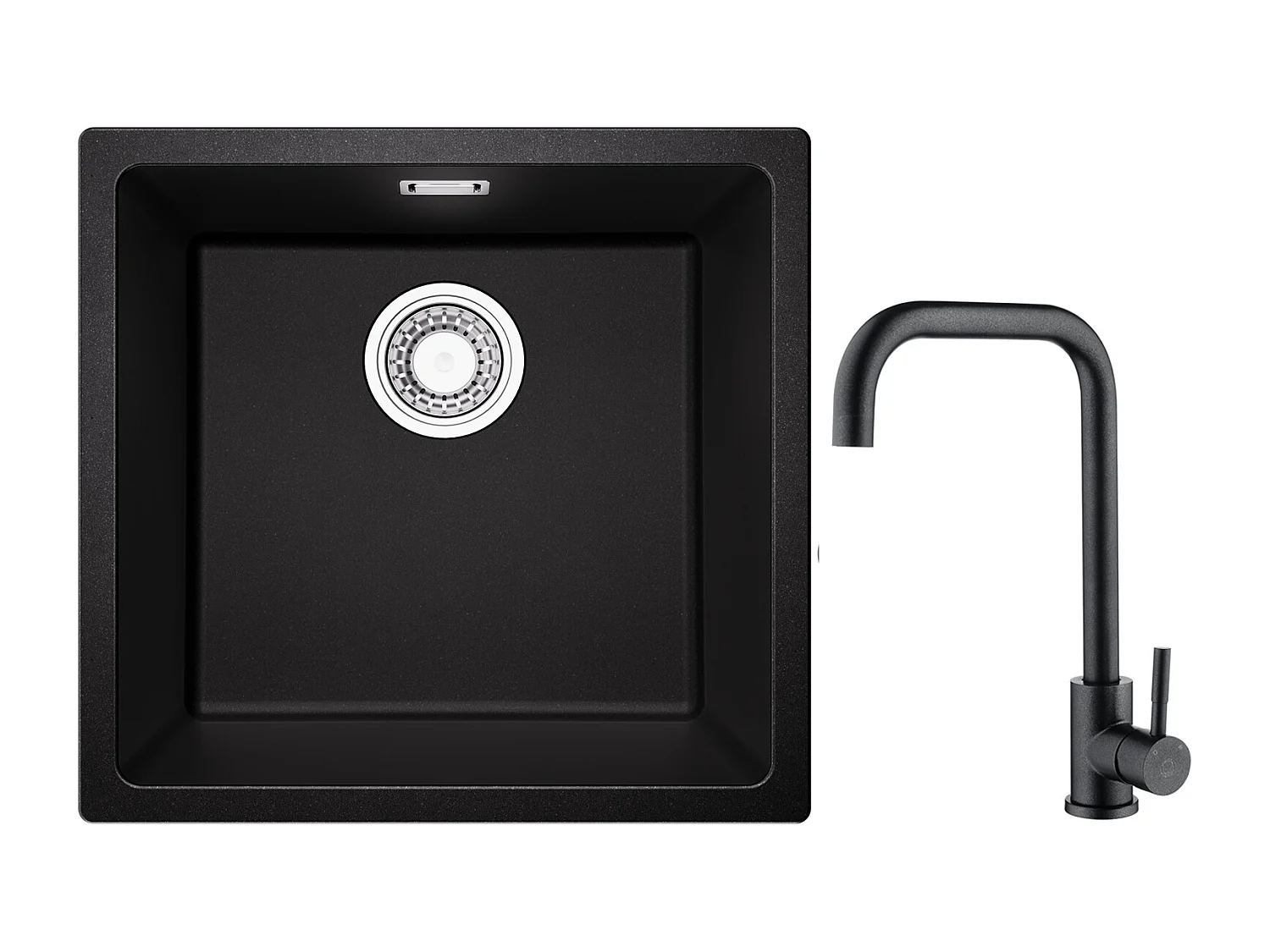 Evier 1 Bac en Quartz et Résine, 3 Options de Montage, 45*44*20cm + Mitigeur de Cuisine en Inox Noir étoilé avec Bec Haut et Incurvé