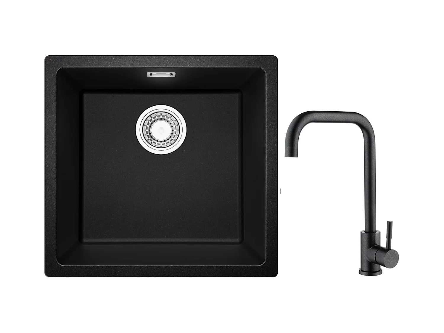 Lavello 1 Vasca in Quarzo e Resina, 3 Opzioni di Montaggio, 45*44*20cm + Miscelatore Cucina in Acciaio Inox Nero Stellato con Bocca Alta e Curva