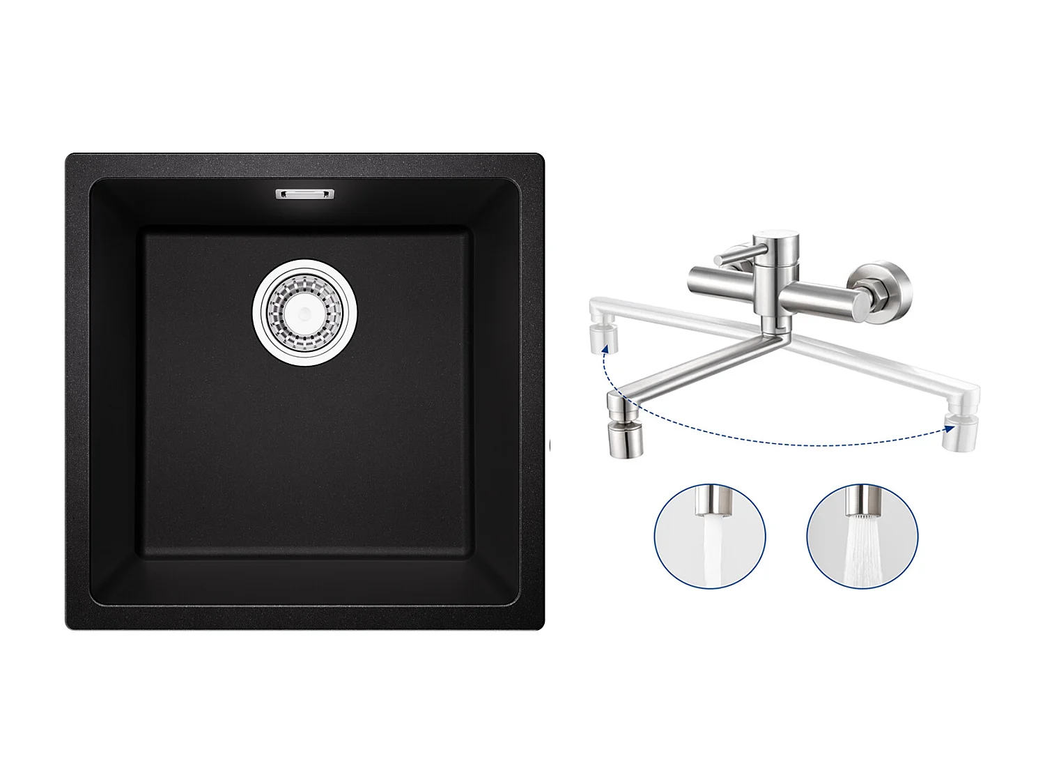 Einzelspüle aus Quarz und Kunstharz, 3 Montageoptionen, 45 x 44 x 20 cm + wandmontierte Küchenmischbatterie mit 2 gebürsteten Düsen