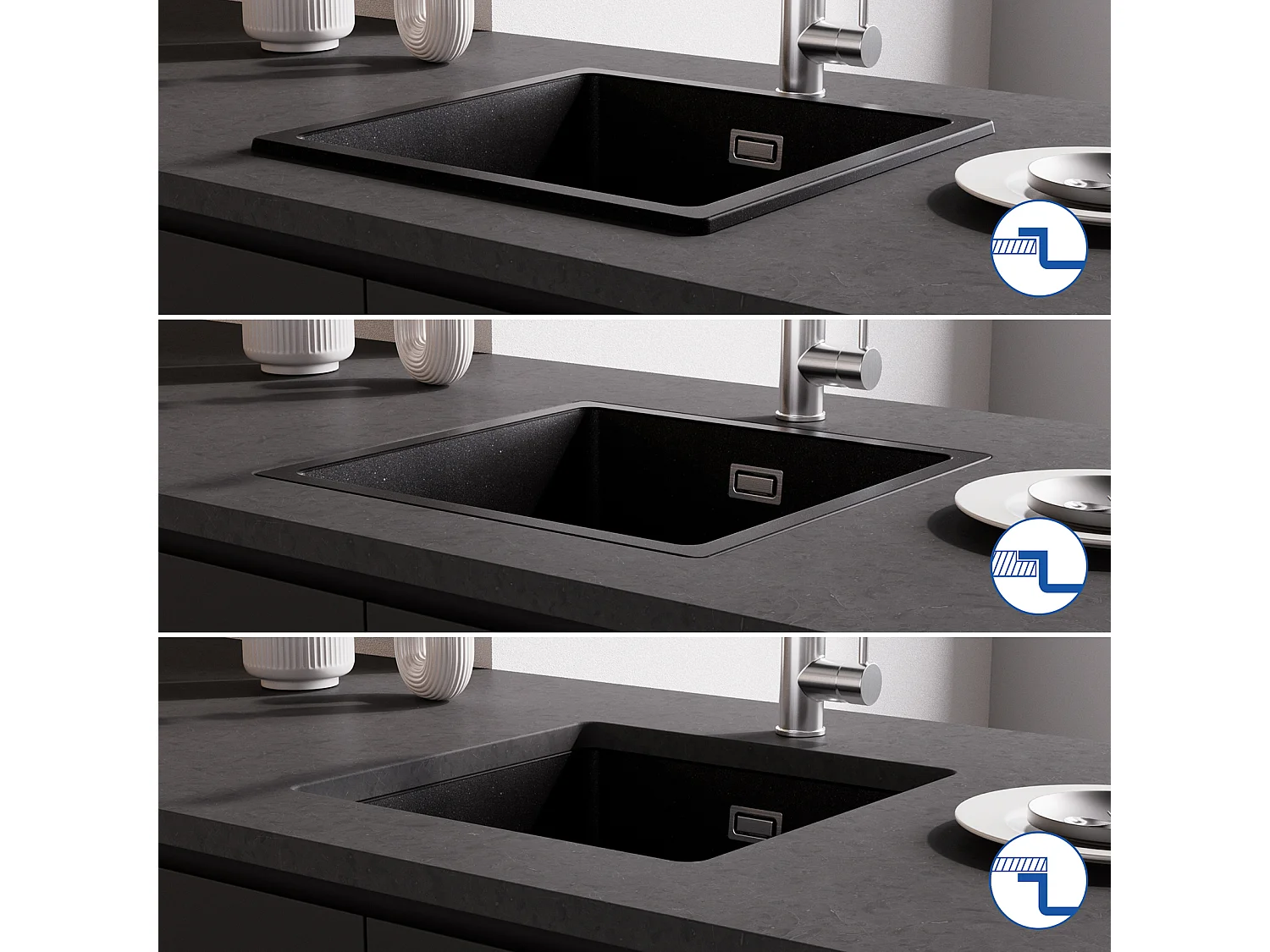 Evier 1 Bac en Quartz et Résine, 3 Options de Montage, 45*44*20cm + Mitigeur de Cuisine Mural avec 2 Jets Brossé