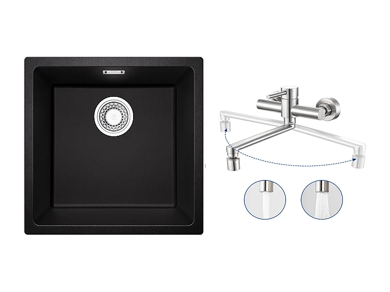 Evier 1 Bac en Quartz et Résine, 3 Options de Montage, 45*44*20cm + Mitigeur de Cuisine Mural avec 2 Jets Brossé