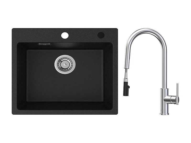 CECIPA MAX Evier Quartz Noir 50x45cm Evier 1 Bac en Quartz et Résine + Mitigeur de Cuisine Avec Douchette Extractible, 2 Modes de Sortie D'eau, Brossé