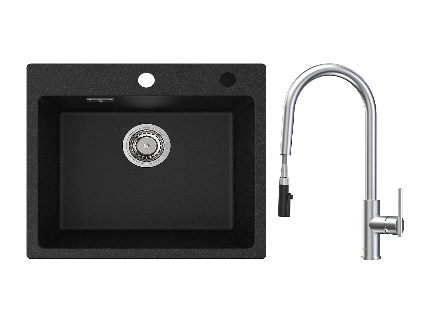 CECIPA MAX Evier Quartz Noir 50x45cm Evier 1 Bac en Quartz et Résine + Mitigeur de Cuisine Avec Douchette Extractible, 2 Modes de Sortie D'eau, Brossé