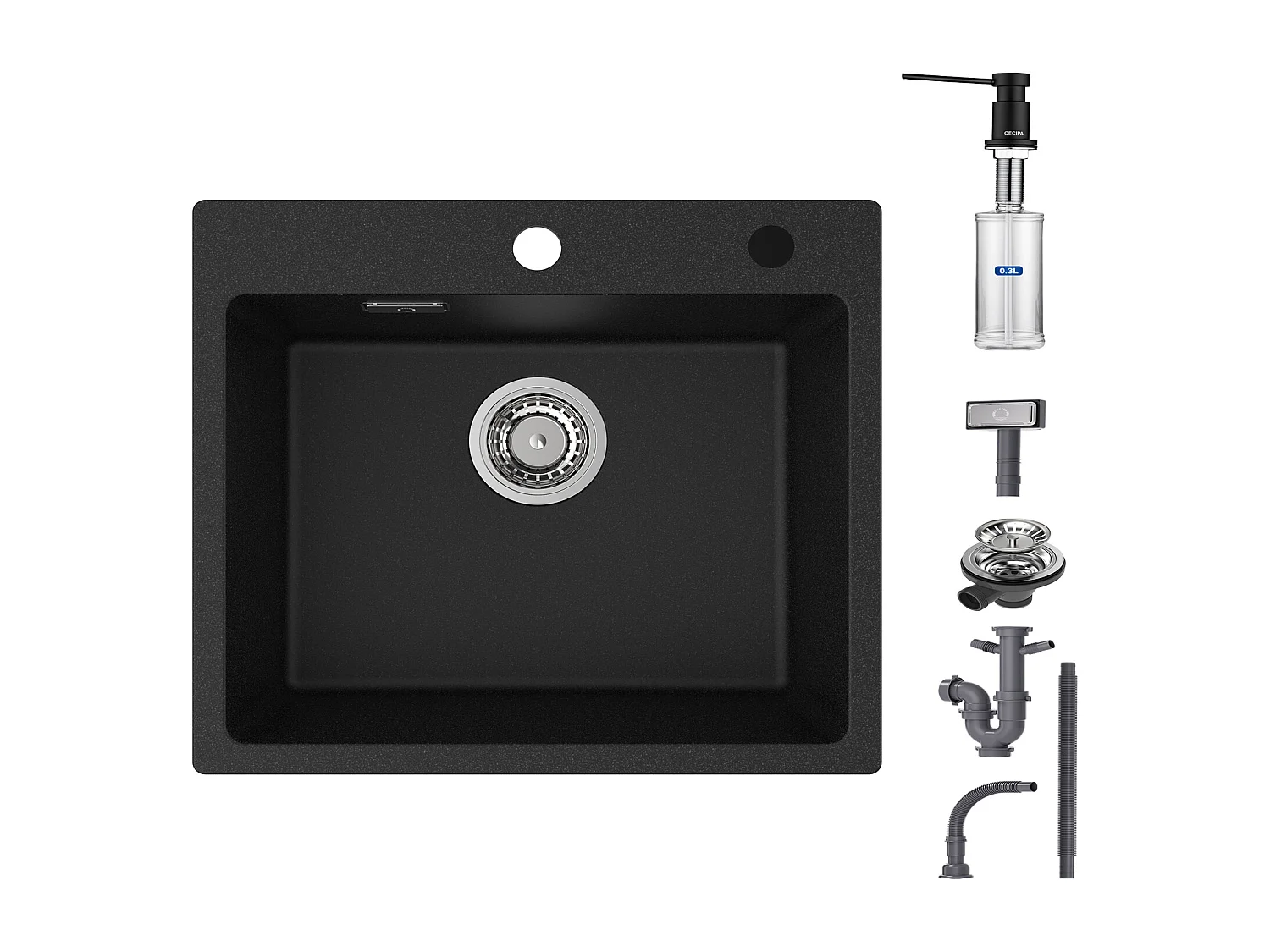 Cecipa max Fregadero de Cuarzo y Resina + Dispensador de Jabón, 50x45cm Fregadero de Encastre de 1 Seno, Fregadero de 1 Seno Negro Fregadero de Cocina de Granito