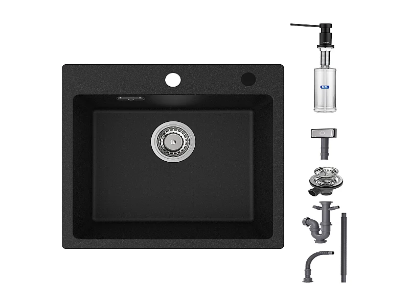 Cecipa max wastafel van kwarts en hars + zeepdispenser, 50x45cm, ingebouwde spoelbak met 1 bak, zwart 1 spoelbak, granieten aanrecht