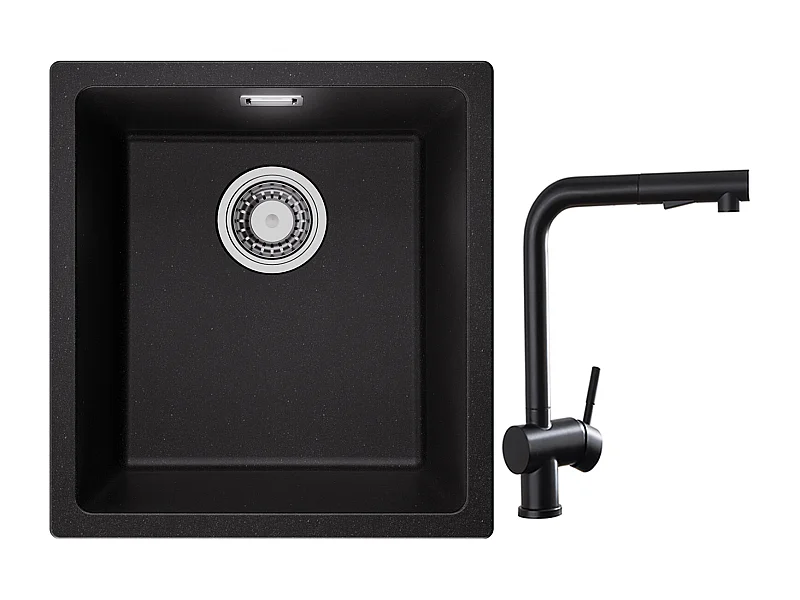 CECIPA MAX Fregadero 1 Seno de Cuarzo y Resina Negro Gris 40*44*20cm + Grifo de Cocina con Ducha Extraíble, Mezclador de Fregadero Negro